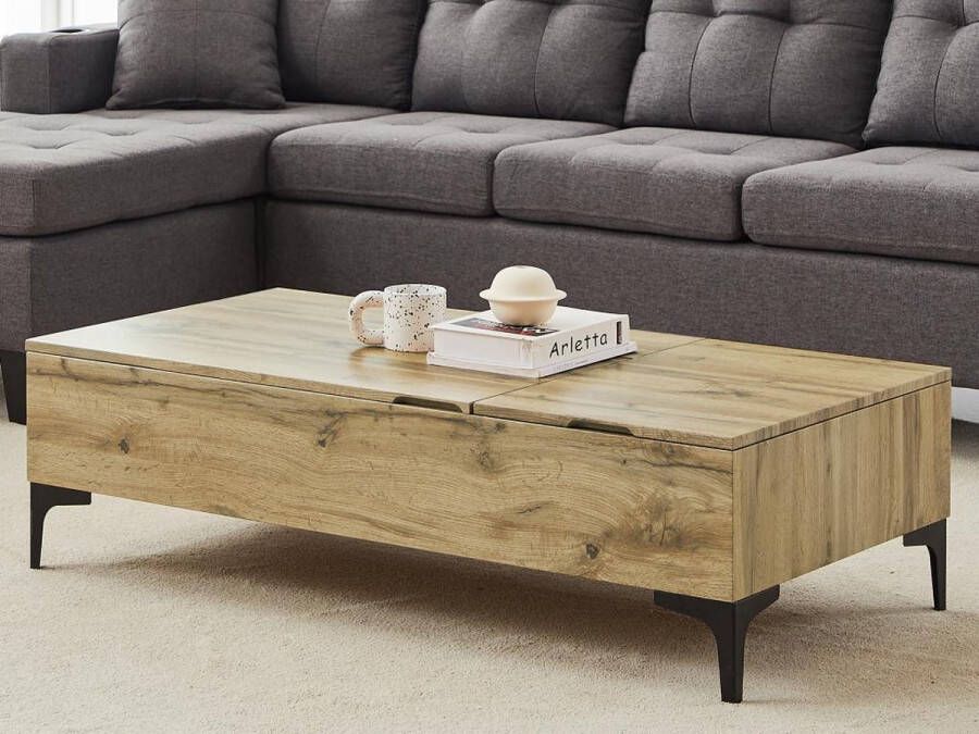 Vente-unique Salontafel met 2 afneembare tafelbladen en 1 deurtje Mdf en staal Naturel en zwart KAYLINO L 120 cm x H 33 cm x D 60 cm