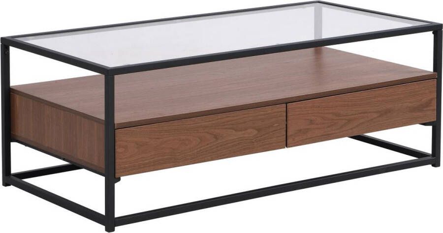 Vente-unique Salontafel met 2 laden van mdf gehard glas en metaal Donker naturelkleurig CAMATA L 120 cm x H 45.5 cm x D 60 cm