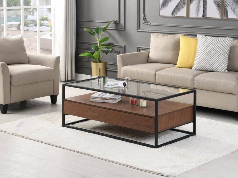 Vente-unique Salontafel met 2 laden van mdf gehard glas en metaal Donker naturelkleurig CAMATA L 120 cm x H 45.5 cm x D 60 cm - Foto 2