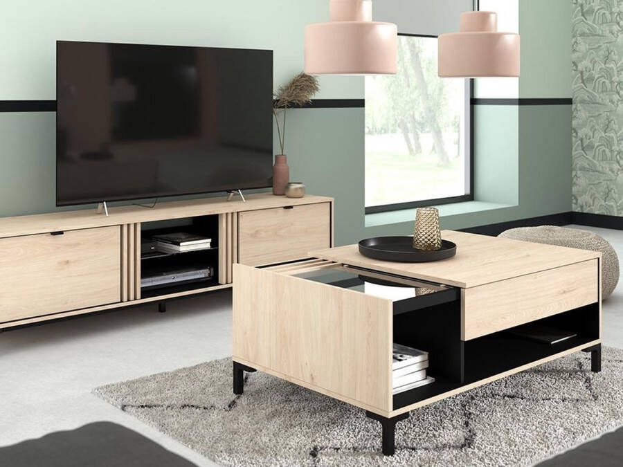 Vente-unique Salontafel RISLANE 2 nissen en 1 lade Eiken en zwart