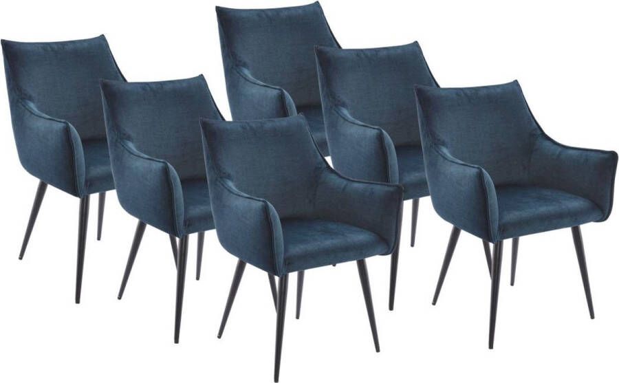 Vente-unique Set van 6 stoelen met armleuningen in stof en zwart metaal – Blauw – ODILONA L 58 cm x H 83 cm x D 58 cm