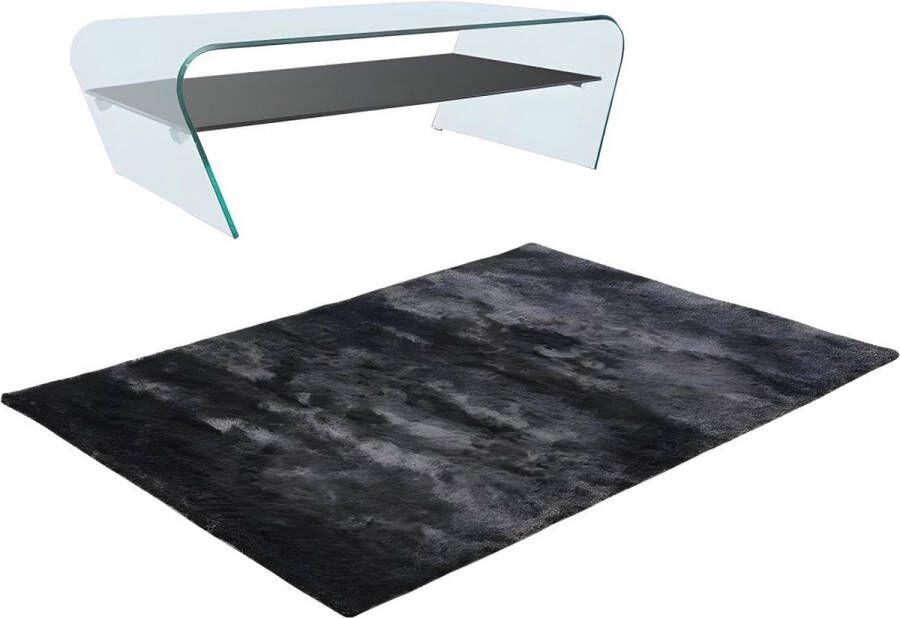 Vente-unique Set van transparante en zwarte salontafel KELLY en shaggy antracietkleurig tapijt DOLCE L 230 cm x H 37 cm x D 160 cm