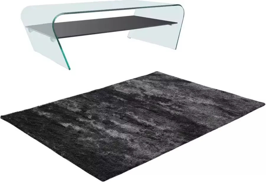 Vente-unique Set van transparante en zwarte salontafel KELLY en shaggy antracietkleurig tapijt DOLCE L 230 cm x H 37 cm x D 160 cm
