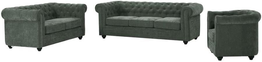 Vente-unique 3-zits 2-zits en een fauteuil in groene stof CHESTERFIELD