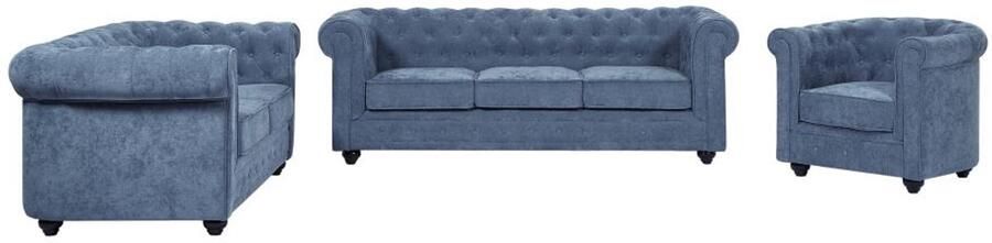 Vente-unique 3-zits 2-zits en fauteuil in blauwe stof CHESTERFIELD