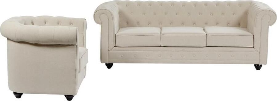 Vente-unique 3-zitsbank en fauteuil van beige stof CHESTERFIELD L 205 cm x H 72 cm x D 88 cm - Foto 2