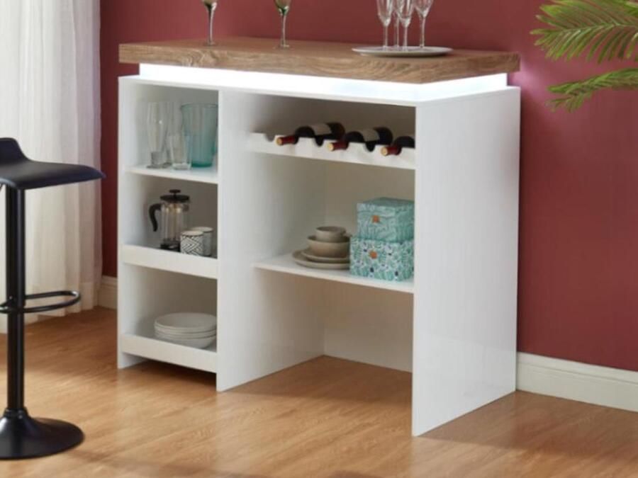 Vente-unique Barmeubel HALO II Wit gelakt MDF LEDs Wit en eik L 120 cm x H 110.5 cm x D 60 cm - Foto 2