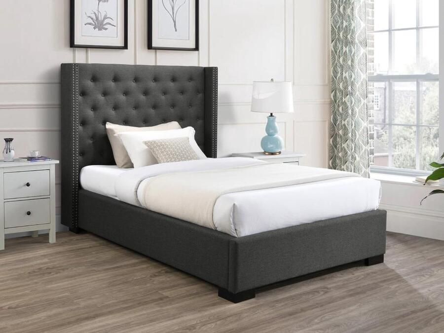 Vente-unique Bed 120 x 200 cm met hoofdbord met capitons Stof Grijs MASSIMO L 143.5 cm x H 141.5 cm x D 215.5 cm - Foto 2