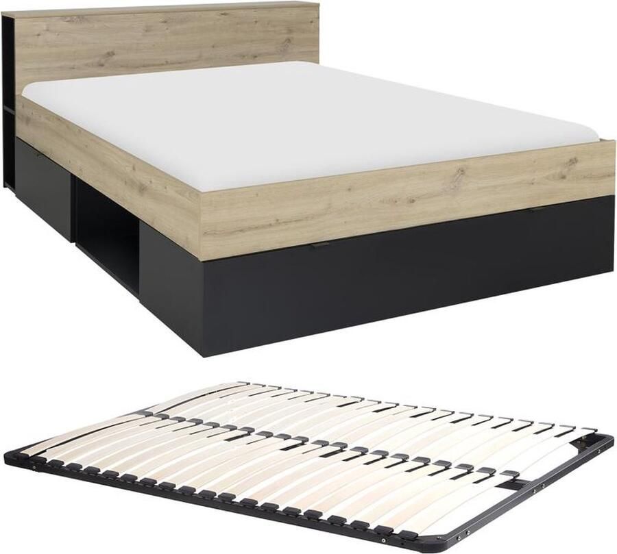 Vente-unique Bed 140 x 190 cm 3 lades en 6 nissen Naturel en zwart + bedbodem CIKETO L 217 cm x H 77 cm x D 145 cm - Foto 2