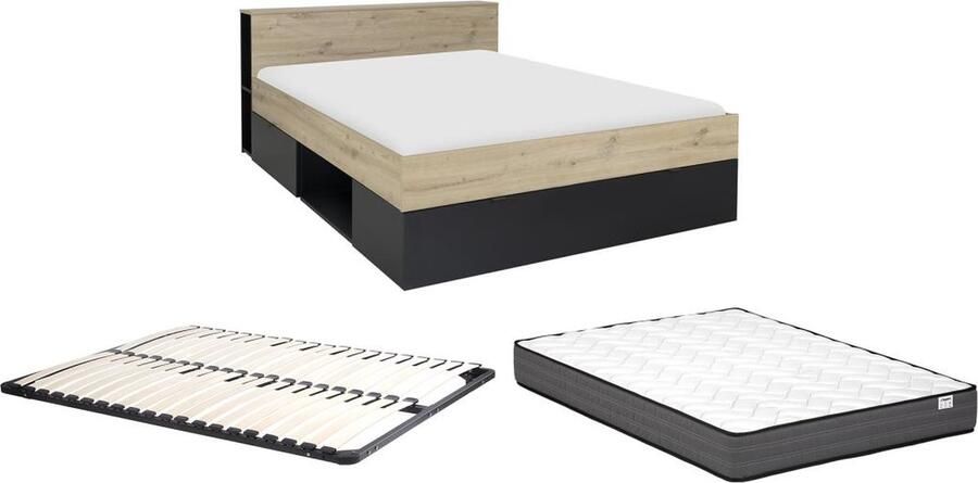 Vente-unique Bed 140 x 190 cm 3 lades en 6 nissen Naturel en zwart + bedbodem + matras CIKETO L 217 cm x H 77 cm x D 145 cm - Foto 2