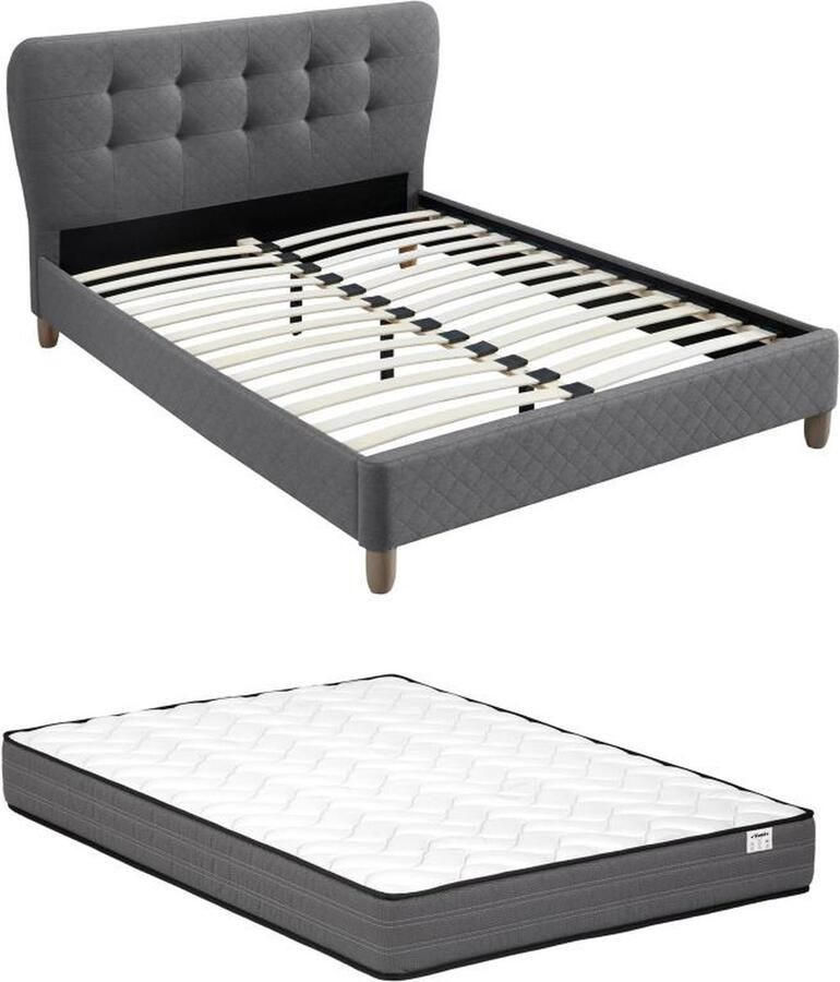 Vente-unique Bed 140 x 190 cm met gecapitonneerd hoofdbord Stof Grijs + matras ELIDE L 163 cm x H 102 cm x D 206.5 cm - Foto 2