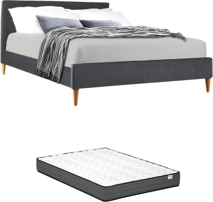 Vente-unique Bed 140 x 190 cm met hoofdbord met stiksels Velours Grijs + matras DANIELE L 196.5 cm x H 132 cm x D 146 cm