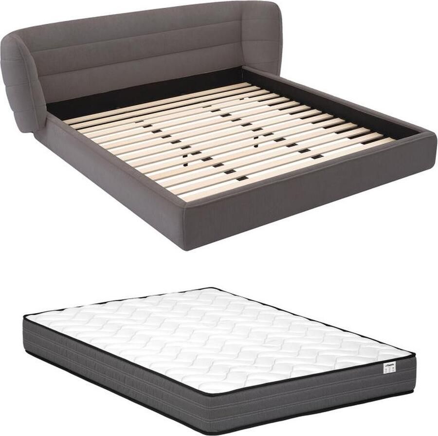 Vente-unique Bed 160 x 200 cm met ingekeept hoofdbord Boucléstof Grijs + matras LARUMO van Maison Céphy L 210 cm x H 82 cm x D 236 cm