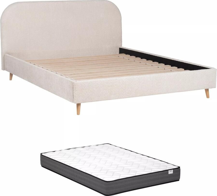 Vente-unique Bed 160 x 200 cm Boucléstof Ecru + matras SANTADI L 172 cm x H 86 cm x D 212 cm