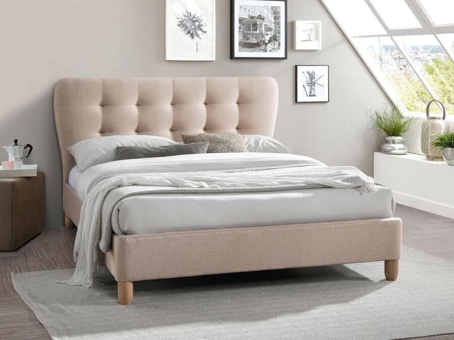 Vente-unique Bed 160 x 200 cm met hoofdbord met capitons Stof Beige + matras ELIDE L 177 cm x H 102 cm x D 216.5 cm - Foto 3