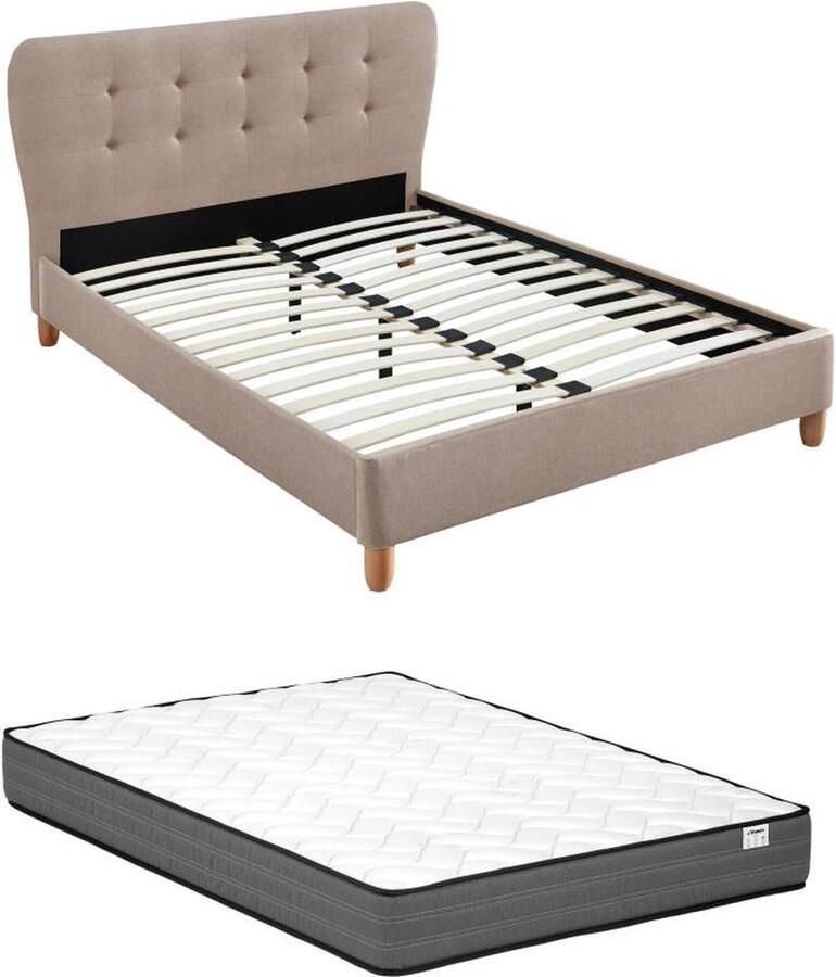 Vente-unique Bed 140 x 190 cm met gecapitonneerd hoofdbord Stof Beige + matras ELIDE L 163 cm x H 102 cm x D 206.5 cm