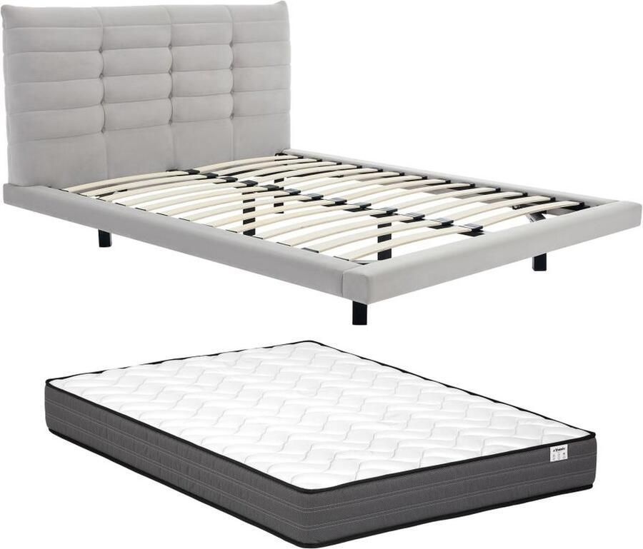 Vente-unique Bed 160 x 200 cm met hoofdbord met capitons Velours Grijs + matras NISATIO L 166 cm x H 107 cm x D 218 cm