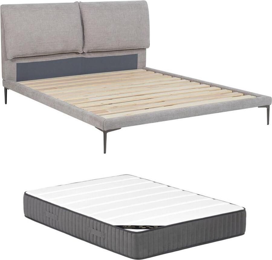 Maison Céphy Bed 160 x 200 cm Stof Gechineerd grijs + matras RIMOTA L 178 cm x H 104 cm x D 216 cm