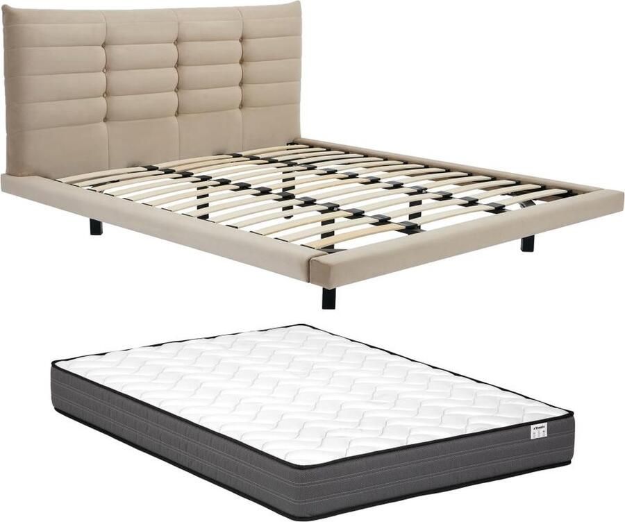 Vente-unique Bed 160 x 200 cm met hoofdbord met capitons Velours Beige + matras NISATIO L 166 cm x H 107 cm x D 218 cm