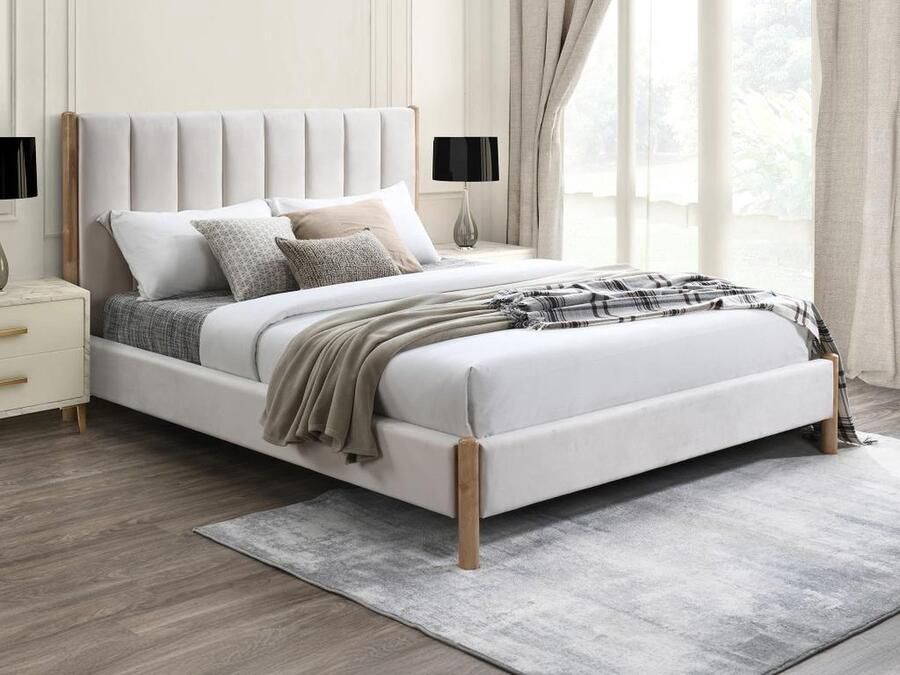 Vente-unique Bed 180 x 200 cm met hoofdbord met verticale stiksels Velours Ivoorwit SIZAMA L 194 cm x H 119 cm x D 215.5 cm - Foto 3