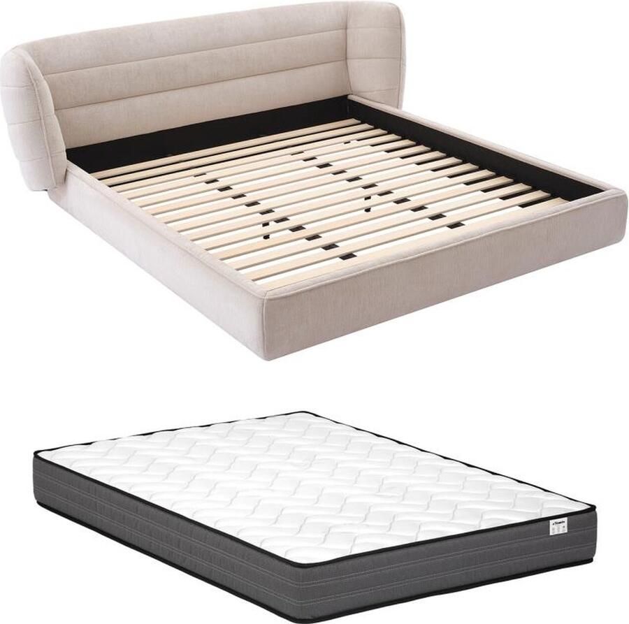 Vente-unique Bed 160 x 200 cm met ingekeept hoofdbord Boucléstof Beige + matras LARUMO van Maison Céphy L 210 cm x H 82 cm x D 236 cm