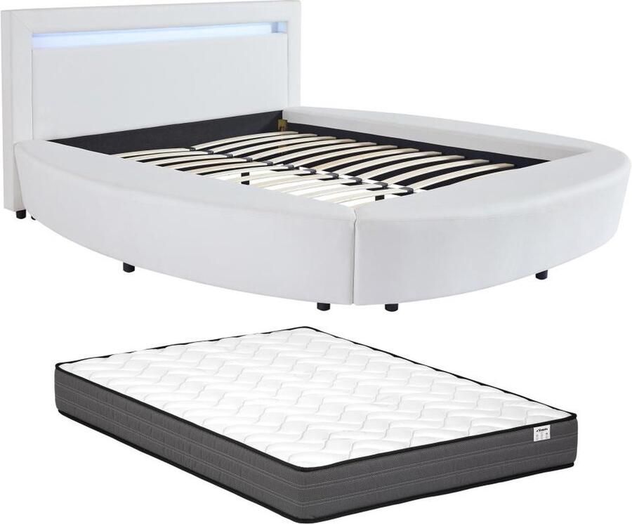 Vente-unique Bed 180 x 200 cm Met ledverlichting Kunstleer Wit + matras ABULIS III L 213 cm x H 99 cm x D 259 cm