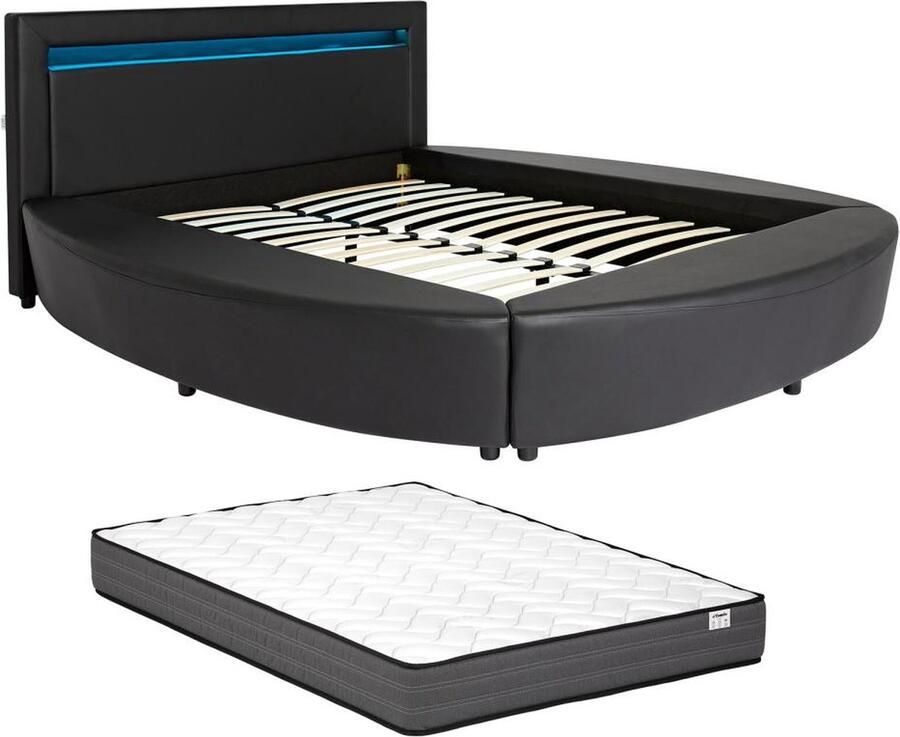 Vente-unique Bed 180 x 200 cm Met ledverlichting Kunstleer Zwart + matras ABULIS III L 213 cm x H 99 cm x D 259 cm
