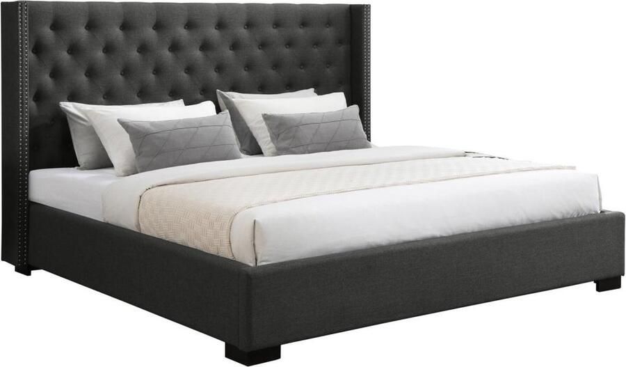 Vente-unique Bed 200 x 200 cm met hoofdbord met capitons Stof Grijs MASSIMO L 223.5 cm x H 141.5 cm x D 215.5 cm - Foto 2