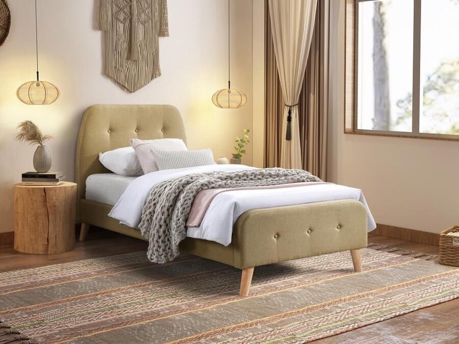 Vente-unique Bed 90 x 190 cm met gecapitonneerd hoofdbord Stof Beige + matras ROMEO L 204.5 cm x H 106 cm x D 96 cm