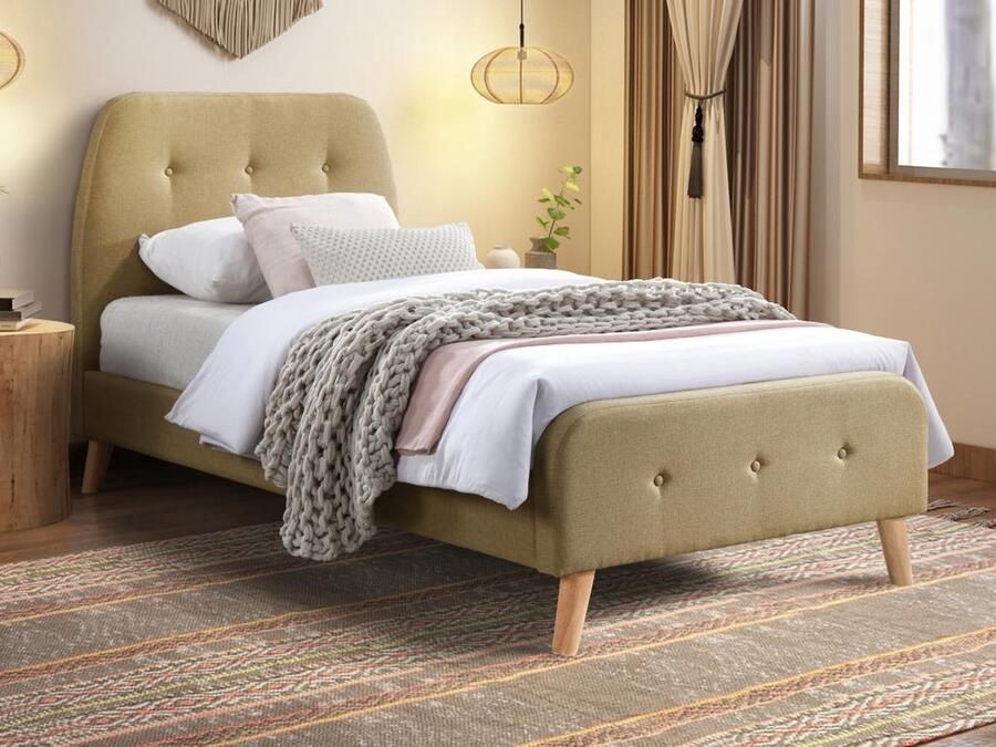 Vente-unique Bed 90 x 190 cm met gecapitonneerd hoofdbord Stof Beige ROMEO L 204.5 cm x H 106 cm x D 96 cm - Foto 2