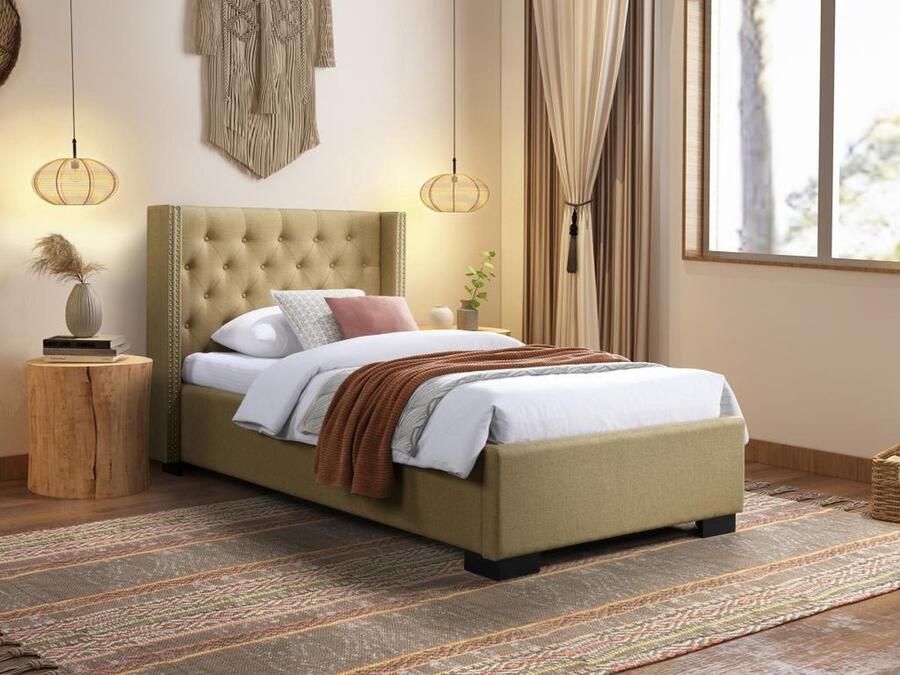 Vente-unique Bed 90 x 200 cm met gecapitonneerd hoofdbord Stof Beige + matras MASSIMO II L 216 cm x H 111.5 cm x D 114 cm - Foto 2
