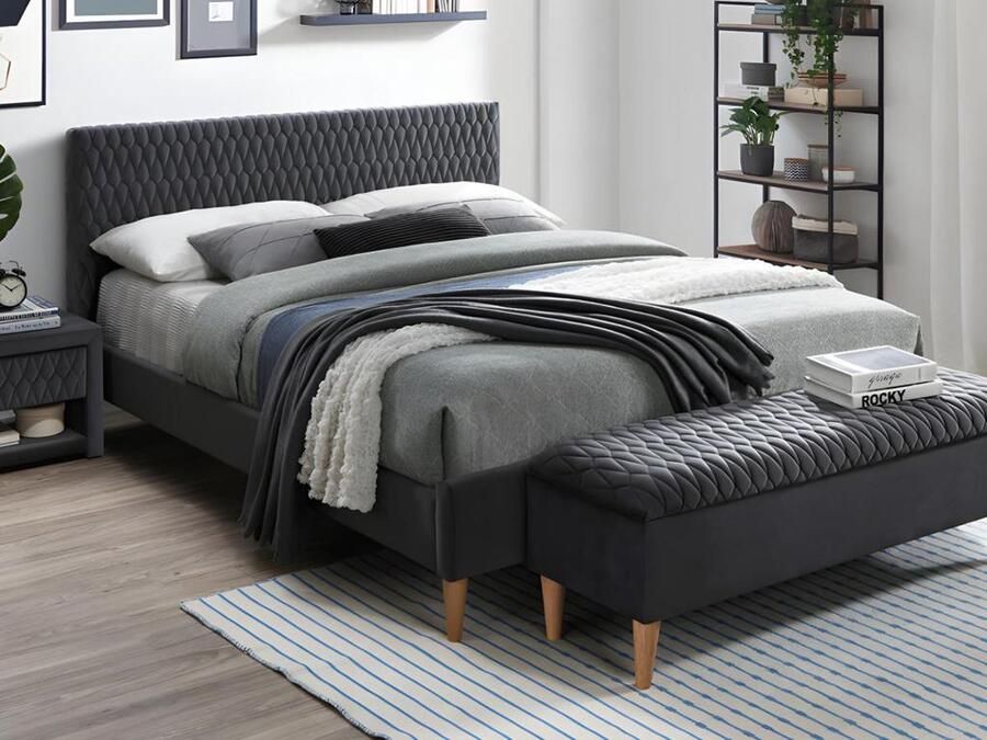 Vente-unique Bed DANIELE hoofdbord met stiksels 140x190cm Stof fluweel Grijs L 196.5 cm x H 132 cm x D 146 cm