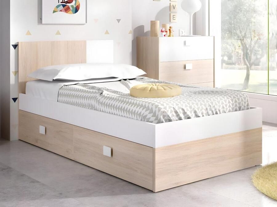 Vente-unique Uitschuifbed 2 x 90 x 190 cm Kleuren: eiken en wit SONIA L 196 cm x H 79 cm x D 97 cm