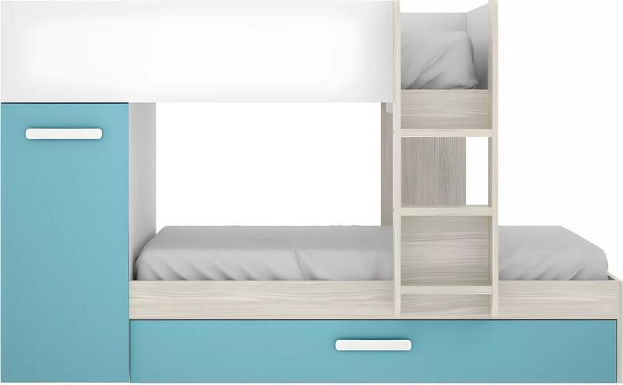 Vente-unique Stapelbed met slaaplade en opbergruimtes 3 x 90 x 190 cm Wit naturel en blauw ANTHONY L 243 cm x H 150 cm x D 97 cm