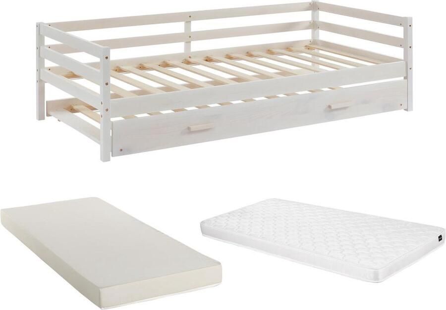 Vente-unique Uitschuifbed AEDAN II 2 x 90 x 190 cm Massief grenen & MDF Gebleekt + matras L 199.7 cm x H 56 cm x D 96 cm - Foto 3