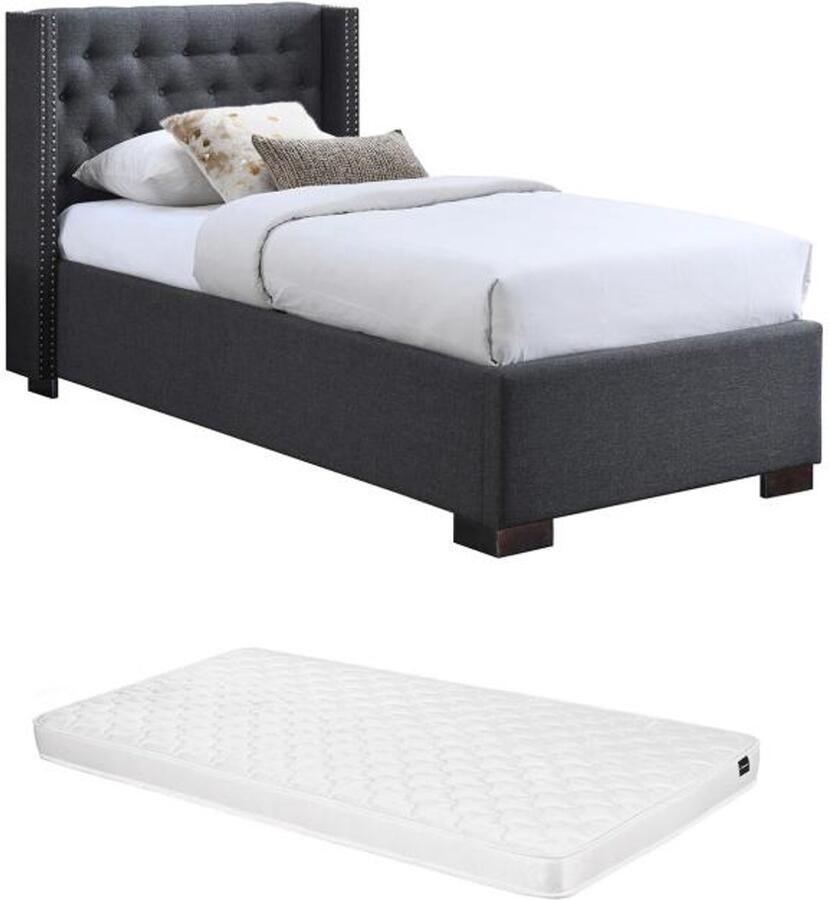 Vente-unique Bed met gewatteerd hoofdbord 90 x 200 cm Stof Grijs + matras MASSIMO II L 216 cm x H 111.5 cm x D 114 cm