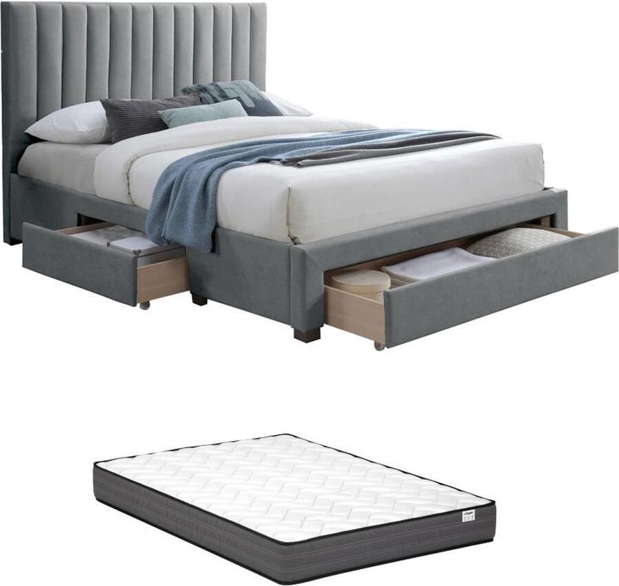 Vente-unique Bed met 3 laden 160 x 200 cm Stof Grijs + Matras LIAKO L 174 cm x H 123.2 cm x D 217 cm