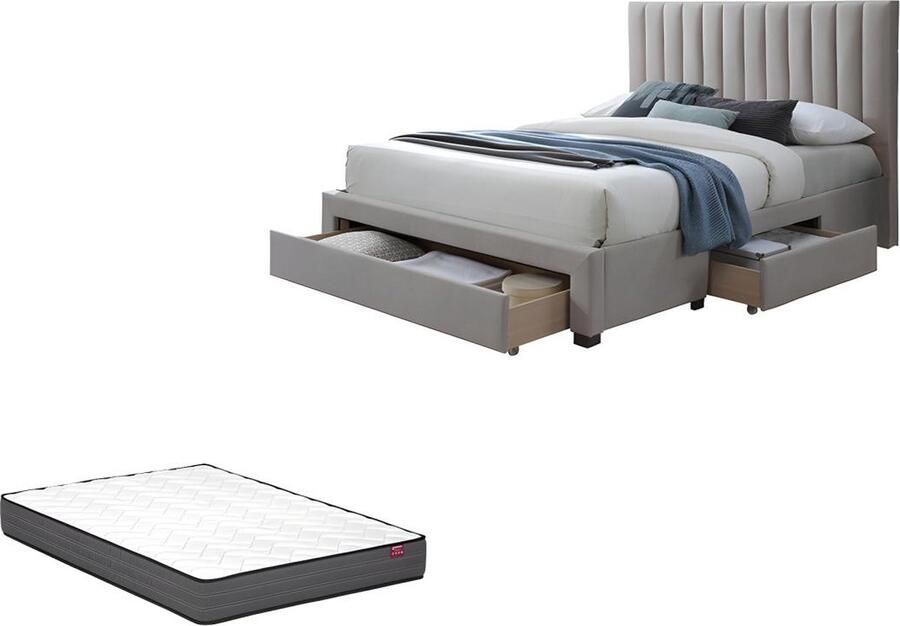 Vente-unique Bed met 3 lades 140 x 200 cm Stof Beige + matras LIAKO L 154 cm x H 123 cm x D 217 cm - Foto 2