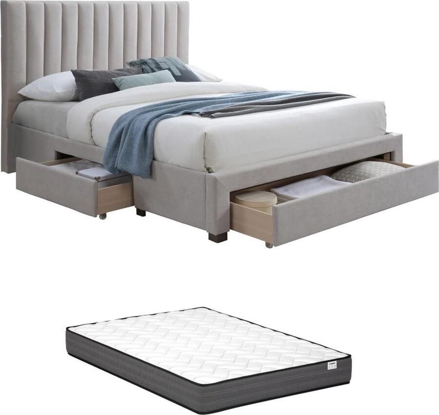 Vente-unique Bed met 3 lades 140 x 200 cm Stof Beige + matras LIAKO L 154 cm x H 123 cm x D 217 cm