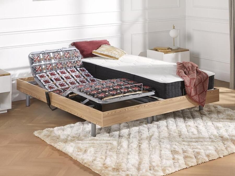 Vente-unique Elektrisch relaxbed met pocketveren en vormgeheugenmatras PHANES van DREAMEA OKIN motoren Eikenkleur 2 x 80 x 200 cm L 200 cm x H 35 cm x D 160 cm - Foto 4