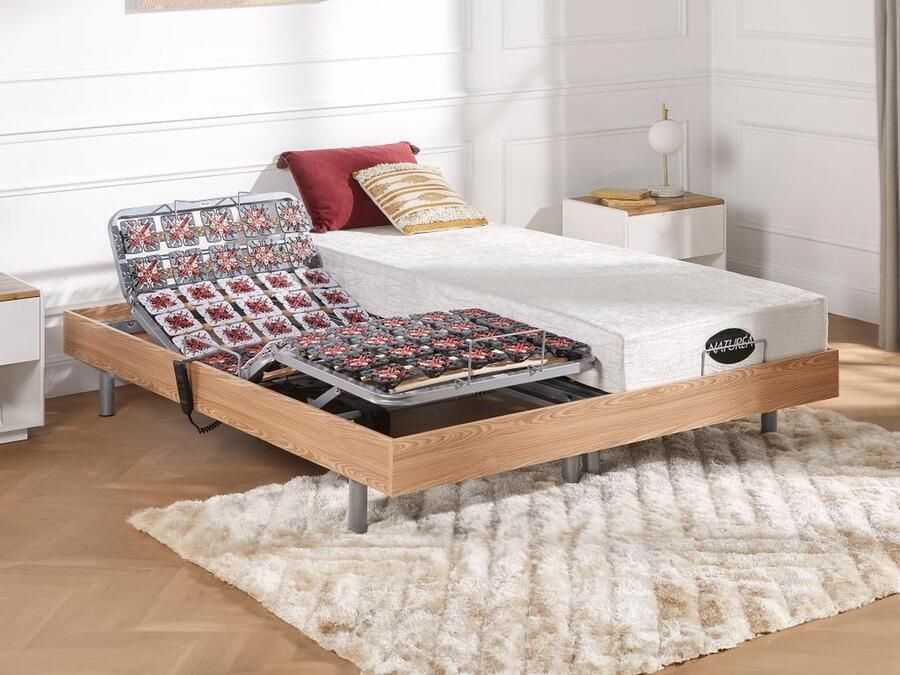 Vente-unique Elektrisch bed – bedbodem en matras – contactplaatjes vormgeheugen en bamboe LYSIS III van NATUREA OKIN motoren 2 x 80 x 200 cm eikenhout L 200 cm x H 35 cm x D 160 cm