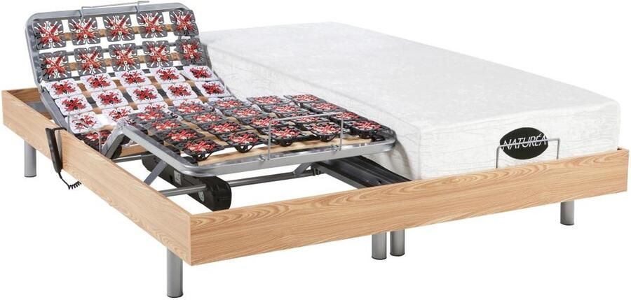 Vente-unique Elektrisch bed – bedbodem en matras – contactplaatjes vormgeheugen en bamboe LYSIS III van NATUREA OKIN motoren 2 x 90 x 200 cm eikenhout L 200 cm x H 35 cm x D 180 cm - Foto 2