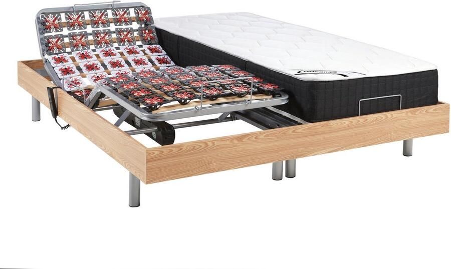 Vente-unique Elektrisch relaxbed met pocketveren en vormgeheugenmatras PHANES van DREAMEA OKIN motoren Eikenkleur 2 x 80 x 200 cm L 200 cm x H 35 cm x D 160 cm - Foto 2