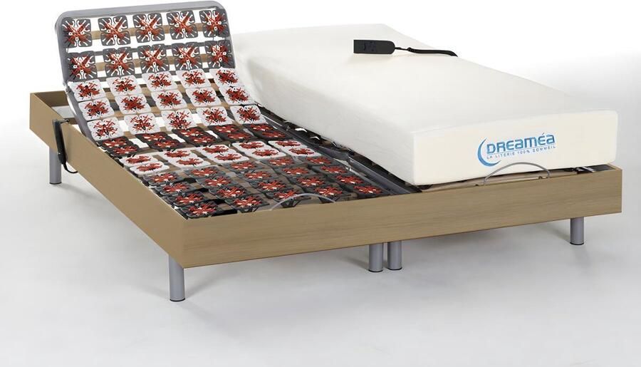 Vente-unique Elektisch relaxbed met contactplaatjes en matras met vormgeheugen HESIODE III van DREAMEA OKIN-motors Natuurlijk eiken 2 x 70 x 190 cm L 190 cm x H 35 cm x D 140 cm - Foto 2