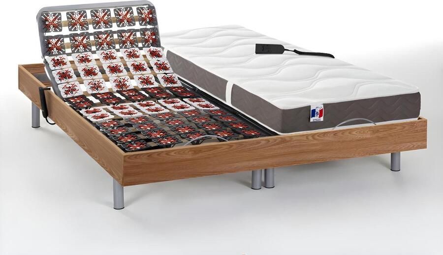 Vente-unique Elektrisch relaxbed JUPITER van 100% latex van DREAMEA Naturel eiken 2x90x200cm OKIN motoren L 200 cm x H 35 cm x D 180 cm