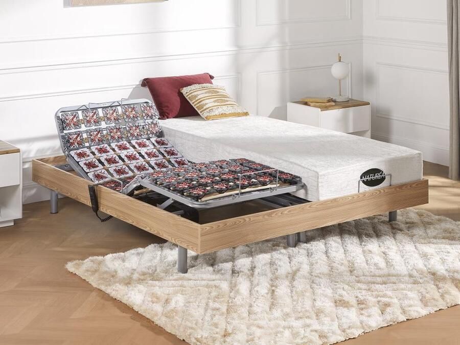 Vente-unique Elektrisch relaxbed met matras met vormgeheugen en bamboe LYSIS III van NATUREA OKIN-motoren 2 x 70 x 190 cm Eiken L 190 cm x H 35 cm x D 140 cm