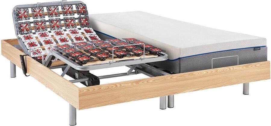 Vente-unique Elektisch relaxbed met contactplaatjes en matras met vormgeheugen HESIODE III van DREAMEA OKIN-motors Natuurlijk eiken 2 x 70 x 190 cm L 190 cm x H 35 cm x D 140 cm - Foto 3