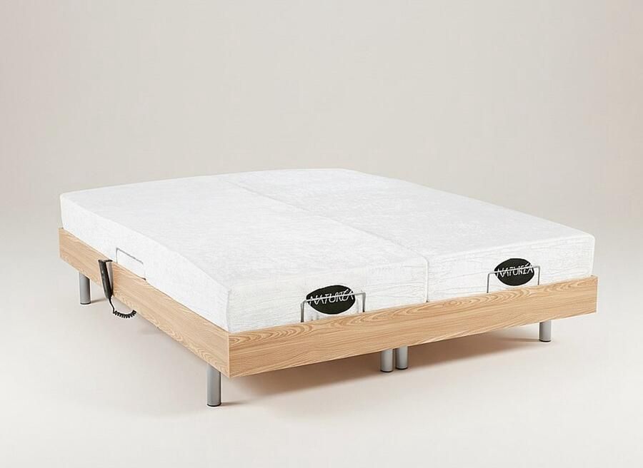 Vente-unique Elektrisch bed – bedbodem en matras – contactplaatjes vormgeheugen en bamboe LYSIS III van NATUREA OKIN motoren 2 x 80 x 200 cm eikenhout L 200 cm x H 35 cm x D 160 cm - Foto 3