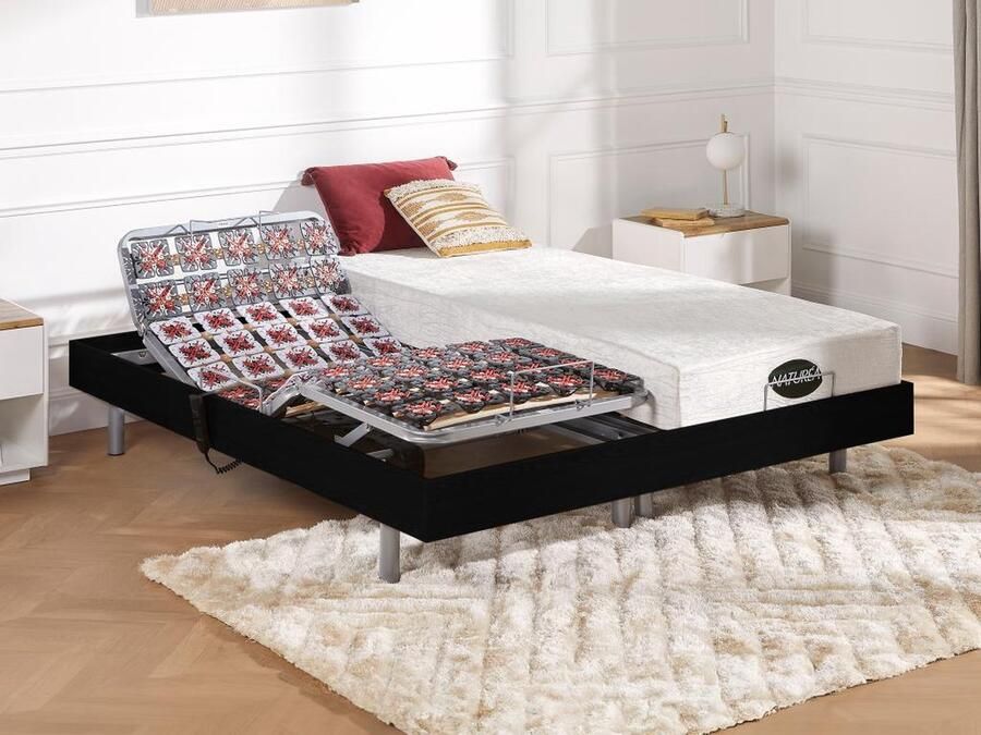 Vente-unique Elektrisch bed – bedbodem en matras – met vormgeheugen en bamboe LYSIS III van NATUREA zwart motoren OKIN 2x70x190 cm L 190 cm x H 35 cm x D 140 cm
