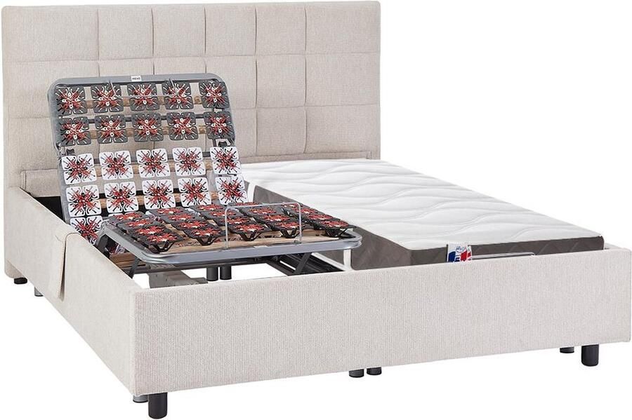 Vente-unique Elektrisch decoratief relaxbed met noppen + matras van 100% latex met 3 zones 2 x 90 x 200 cm Stof Beige JOFAR van DREAMEA L 214 cm x H 110 cm x D 200 cm